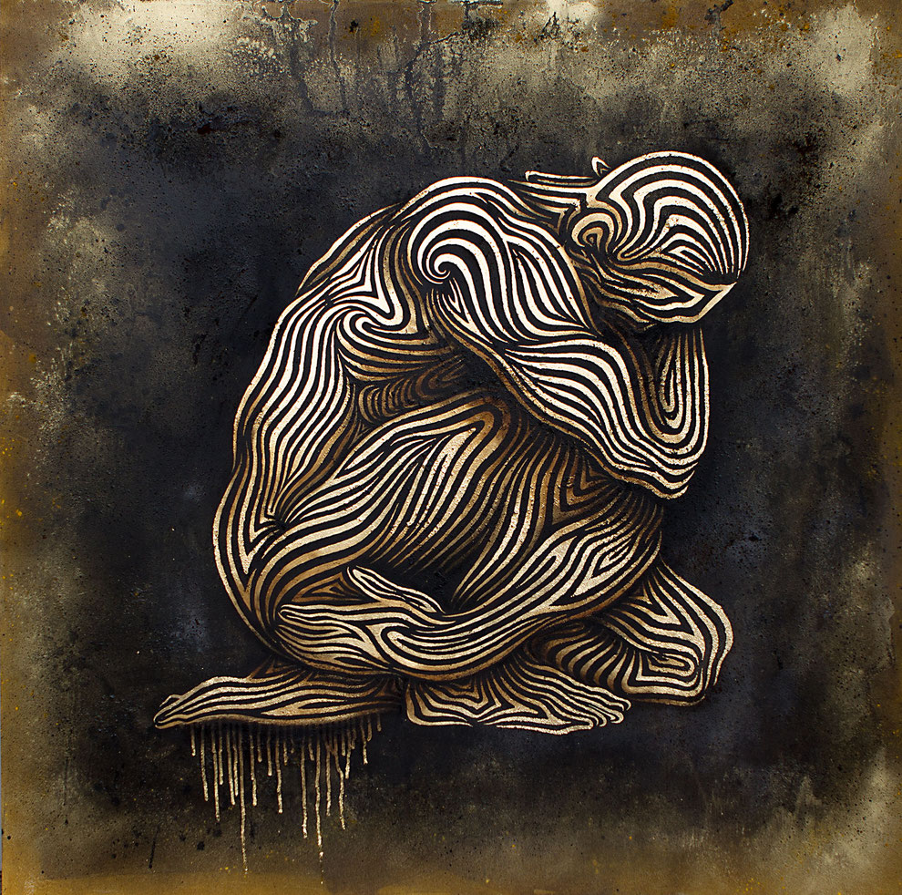 mystische Malerei, Titel: "Kontemplation" (123x123cm) - Acryl, Kreide, Öl, Sprühlack, Schlagmetall, Pigmente auf Platte. 