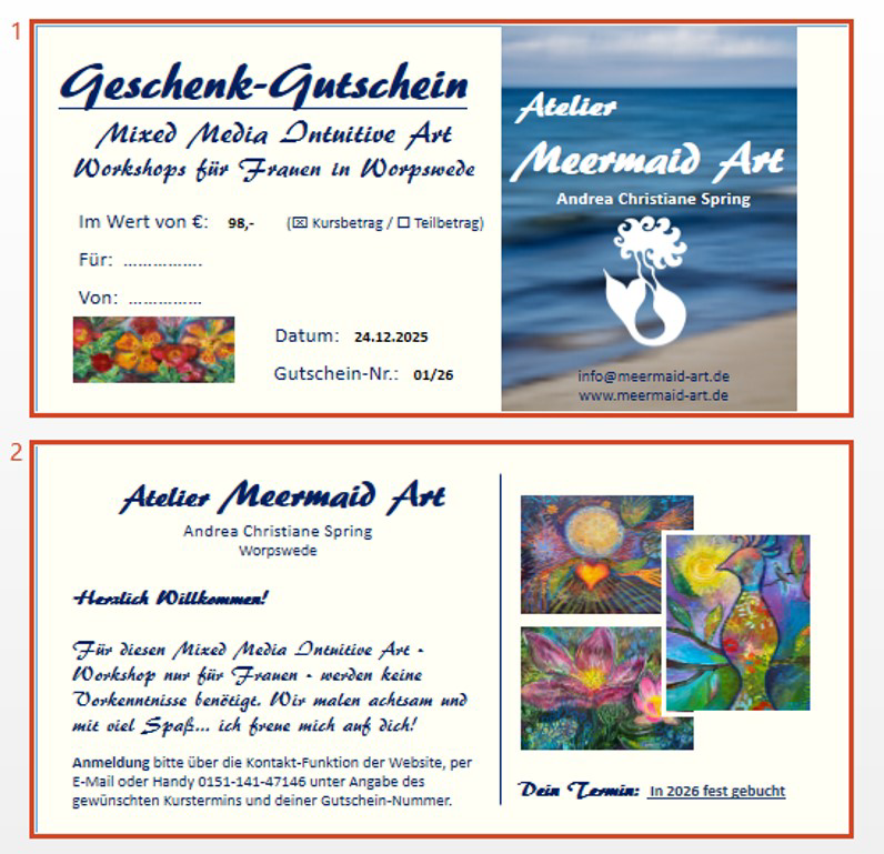 Atelier Meermaid Art bietet Weihnachts-Geschenkgutscheine für Malkurse in Worpswede