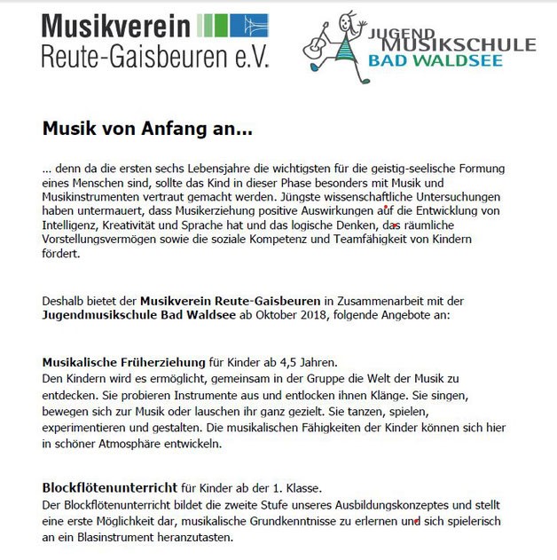 Die Kurse finden wöchentlich in Reute statt und werden von Marina Renner, Lehrerin der Jugendmusikschule Bad Waldsee durchgeführt.