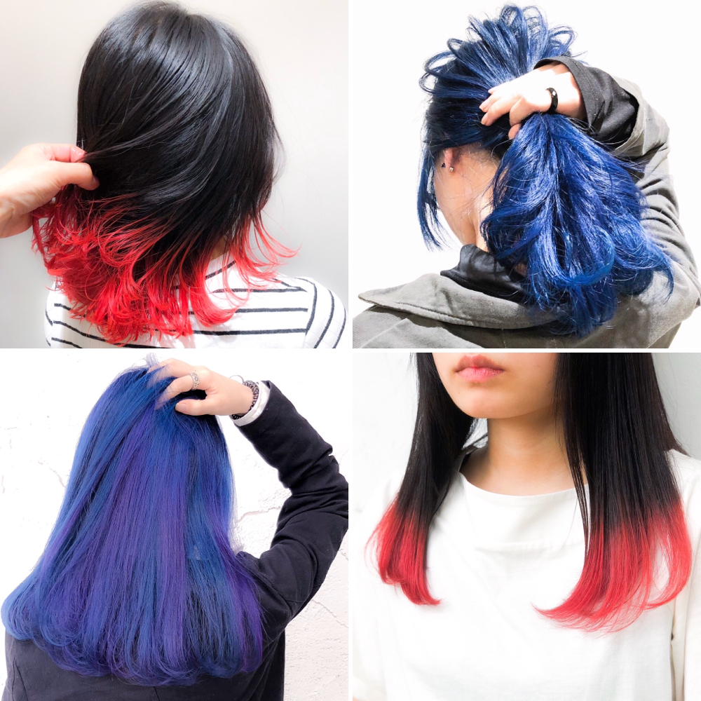 ヘアカラー大阪のデザインカラー-派手髪の中でも青-ブルー-濃いピンクや青紫は目立ちます-個性派ヘアを目指すならおすすめです