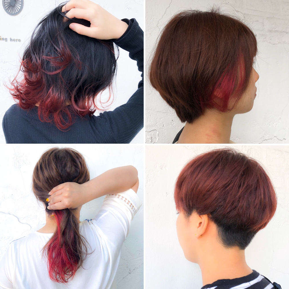 ヘアカラー大阪のデザインカラー-派手髪の中でも染まりやすい赤-レッド-ボルドー系カラーはおすすめですよ