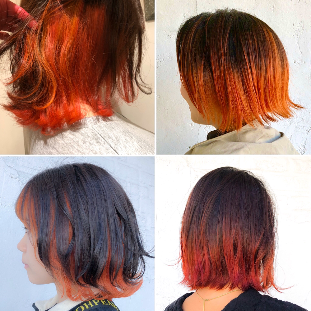 ヘアカラー大阪のデザインカラー-派手髪ではっきりとしたオレンジ色は明るく元気な印象でかわいいですよ