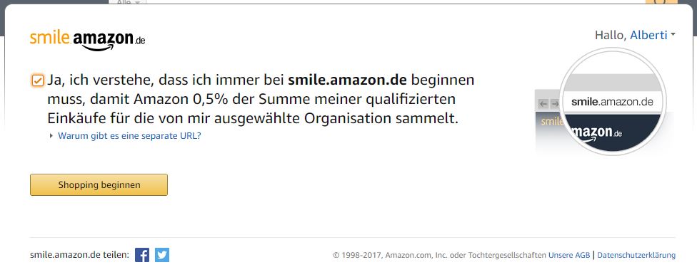 Jetzt kommt noch die Abfrage, ob ihr damit einverstanden seid, dass Amazon dem Verein 0,5% eures Umsatzes spendet. Euch entstehen keine Mehrkosten! Die 0,5% gehen vom Gewinn von Amazon weg!