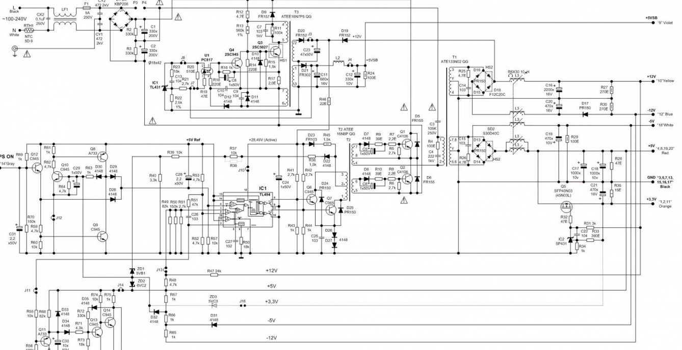Schematic Diagram of Computer Power Supply Unit ATX, AT, laptops