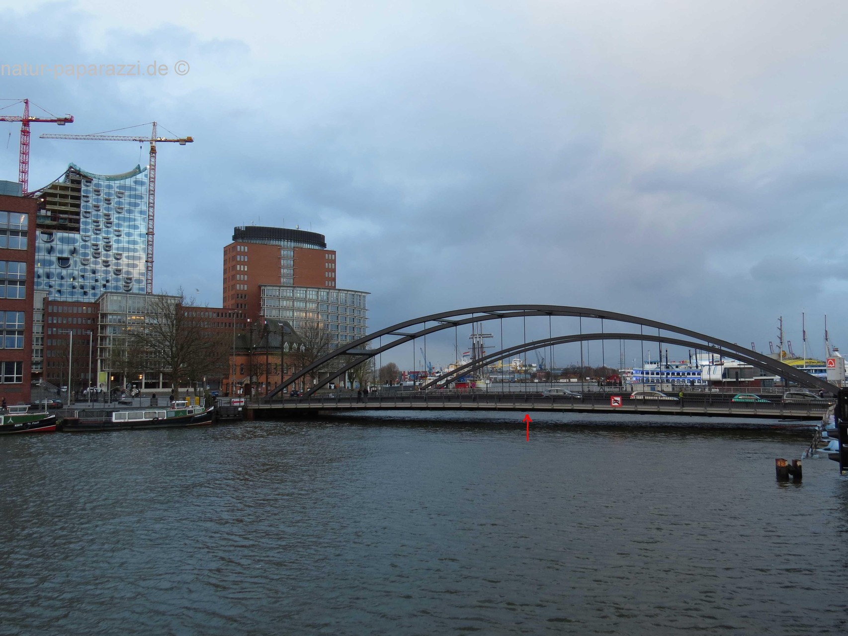 Hochwasser im Hamburger Hafen. Hier fahren normalerweise Schiffe durch. Jetzt passt nur noch ein Kanu durch.