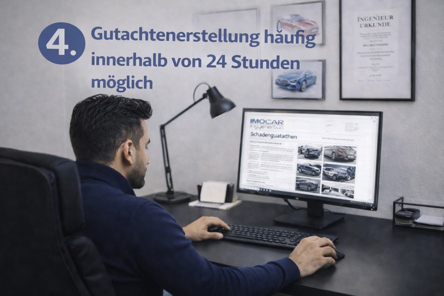 Gutachter sitzt im Büro und kalkuliert