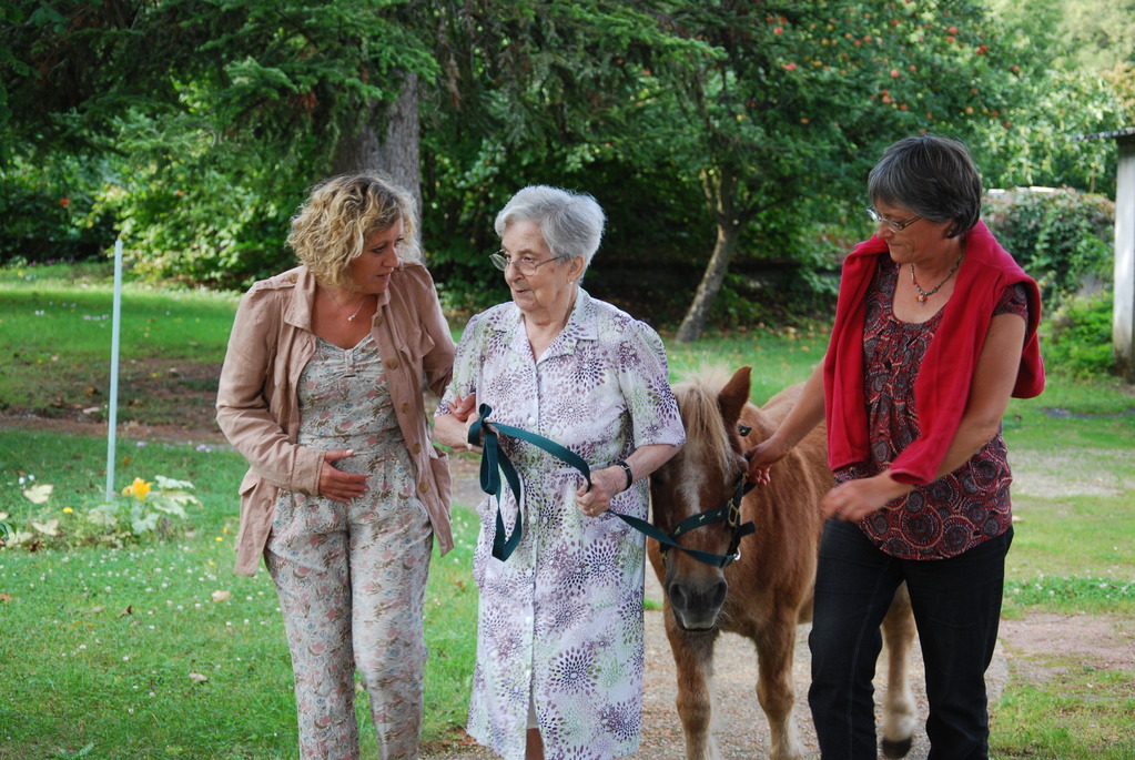 Thérapie senior : je me promène dans le parc de la résidence avec un poney