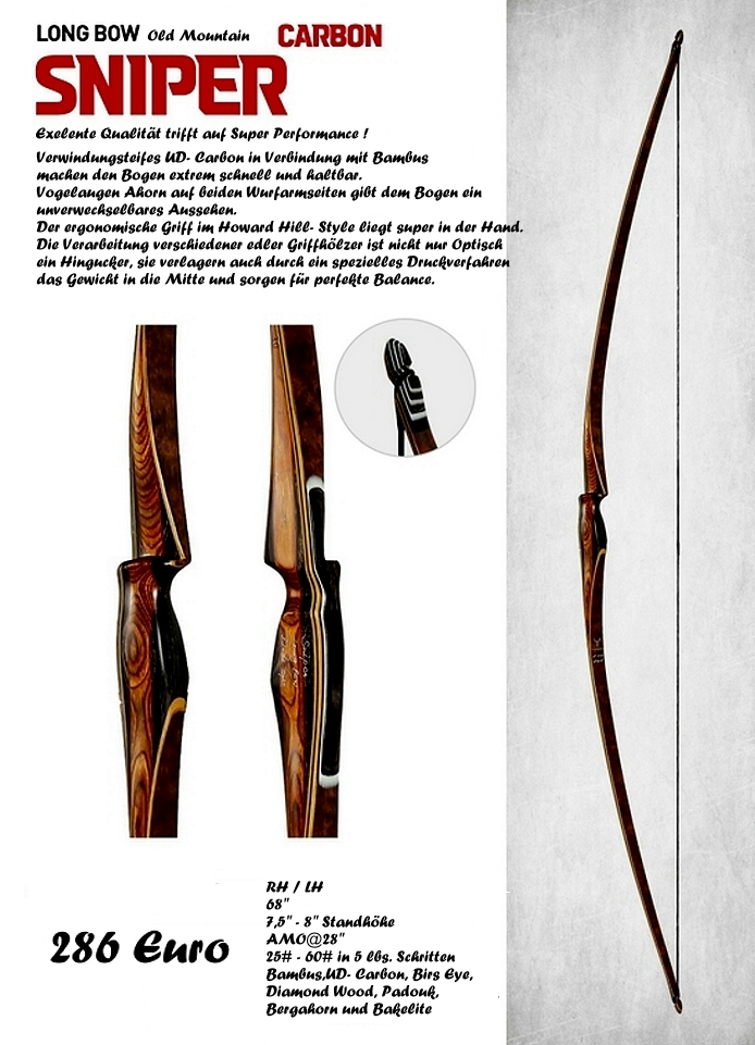 Old Mountain Sniper Longbow, Old Mountain Longbow Sniper Birdseye, Old Mountain Sniper Longbow 68" 