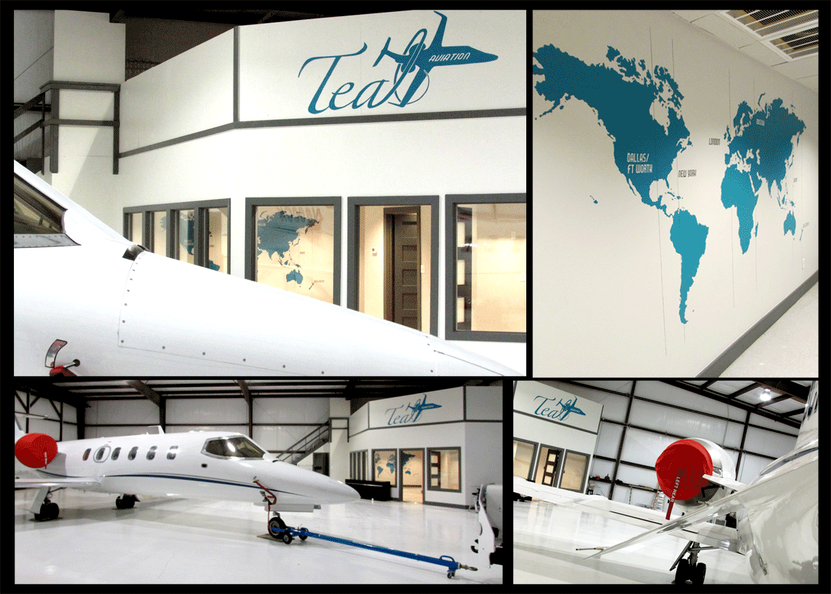 Teal Aviation Logo Mural & World Map Dallas Texas