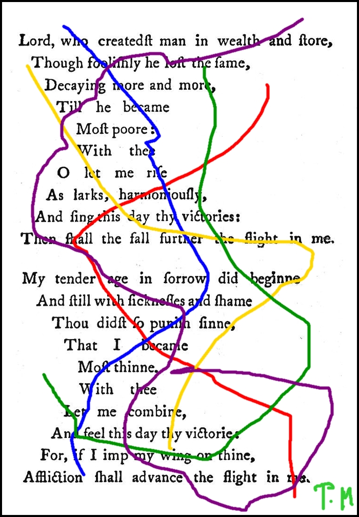 Pedro Meier Visuelle Poesie, Konkrete Poesie, Paraphrase zu »Easter Wings«, von George Herbert (1593–1633), Overpainted Poesie. Pedro Meier, Lyriker, Schriftsteller, Multimedia Artist, Zyklus Übermalte Gedichte, Digitale Poesie, Interaktive Poesie, Lyrik