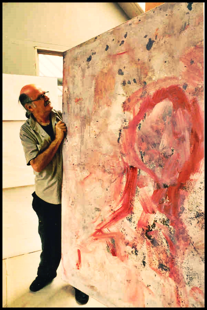 Pedro Meier Malerei »Grosses Porträt in Rot«, Work in Progress 1999, Fabrikatelier Shedhalle Gugelmann-Areal Roggwil Langenthal, 2001 total abgebrannt, Feuerinferno, Brandstiftung, Lebenswerk zerstört, verbrannt: 12'000 Bücher, 1000 Bilder, Manuskripte