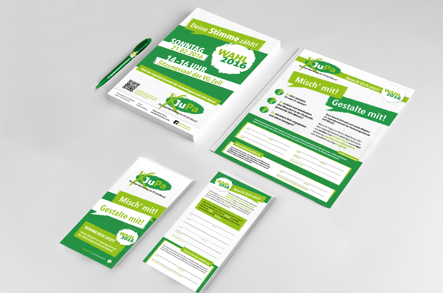 Logo-Relaunch und Gestaltung Flyer, Plakat, Anzeige und Kugelschreiber | Jugendparlament VG Zell