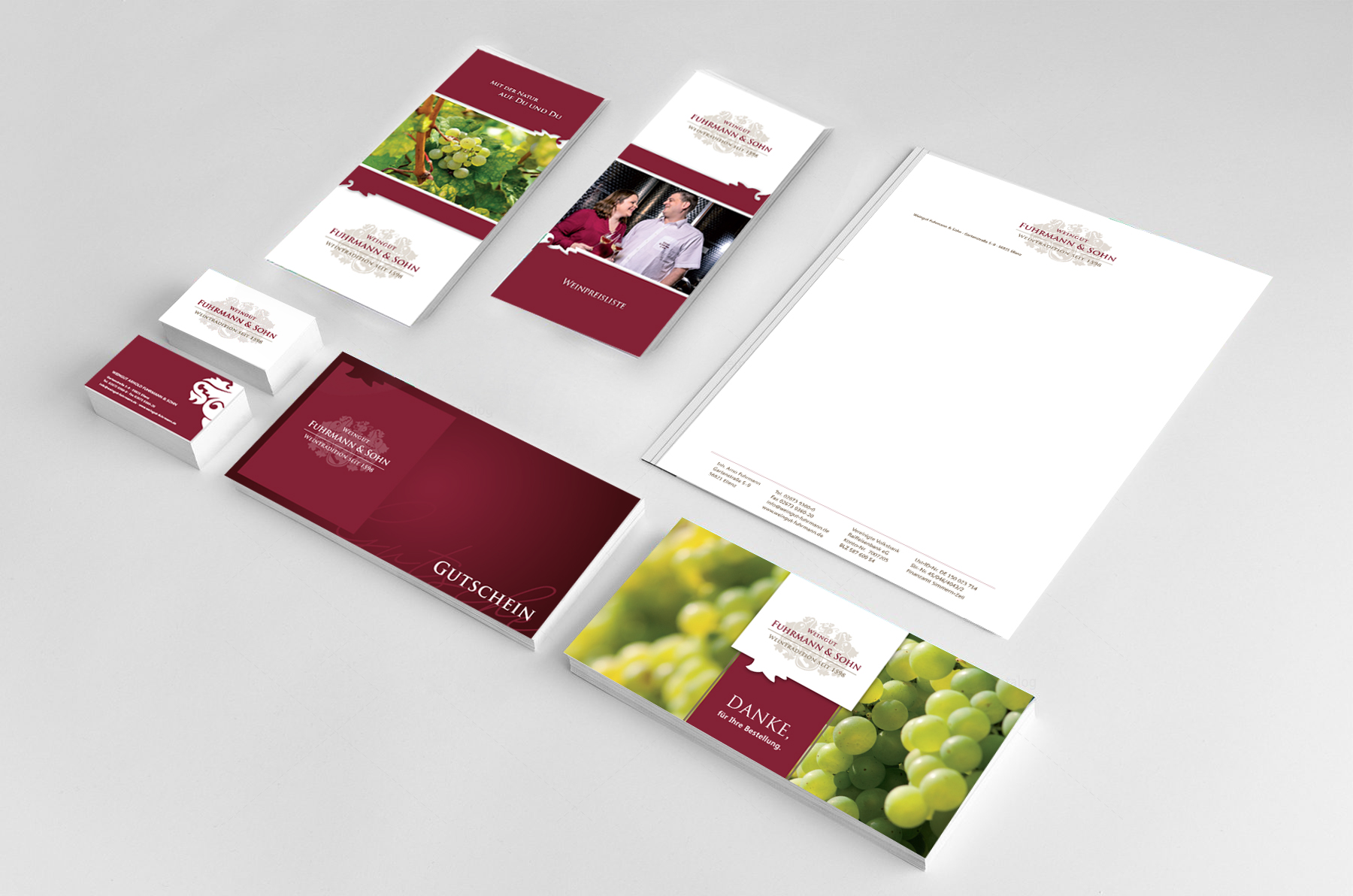 Logo-Relaunch und Gestaltung Briefpapier, Visitenkarten, Flyer, Gutschein, Postkarten | Weingut Fuhrmann & Sohn