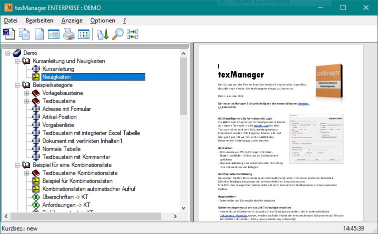 Textbausteine verwalten und in der zoombaren Vorschau komplett anzeigen.