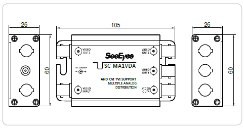 AHD/TVI/CVI/CVBS 映像4分配器 - 寸法図