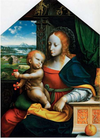 Fig. 2.  Joos van Cleve et atelier, La Vierge aux cerises,  vers 1525, huile sur bois, 71 x 51 cm, New York, Collection Hester Diamond