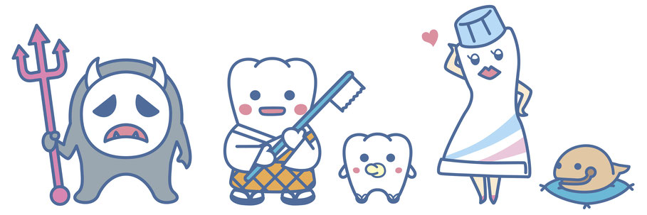 日本歯科医師会PRキャラ 左から、ムッシー、よ防さん、にゅう坊、ハミガキ子、もくぎょ