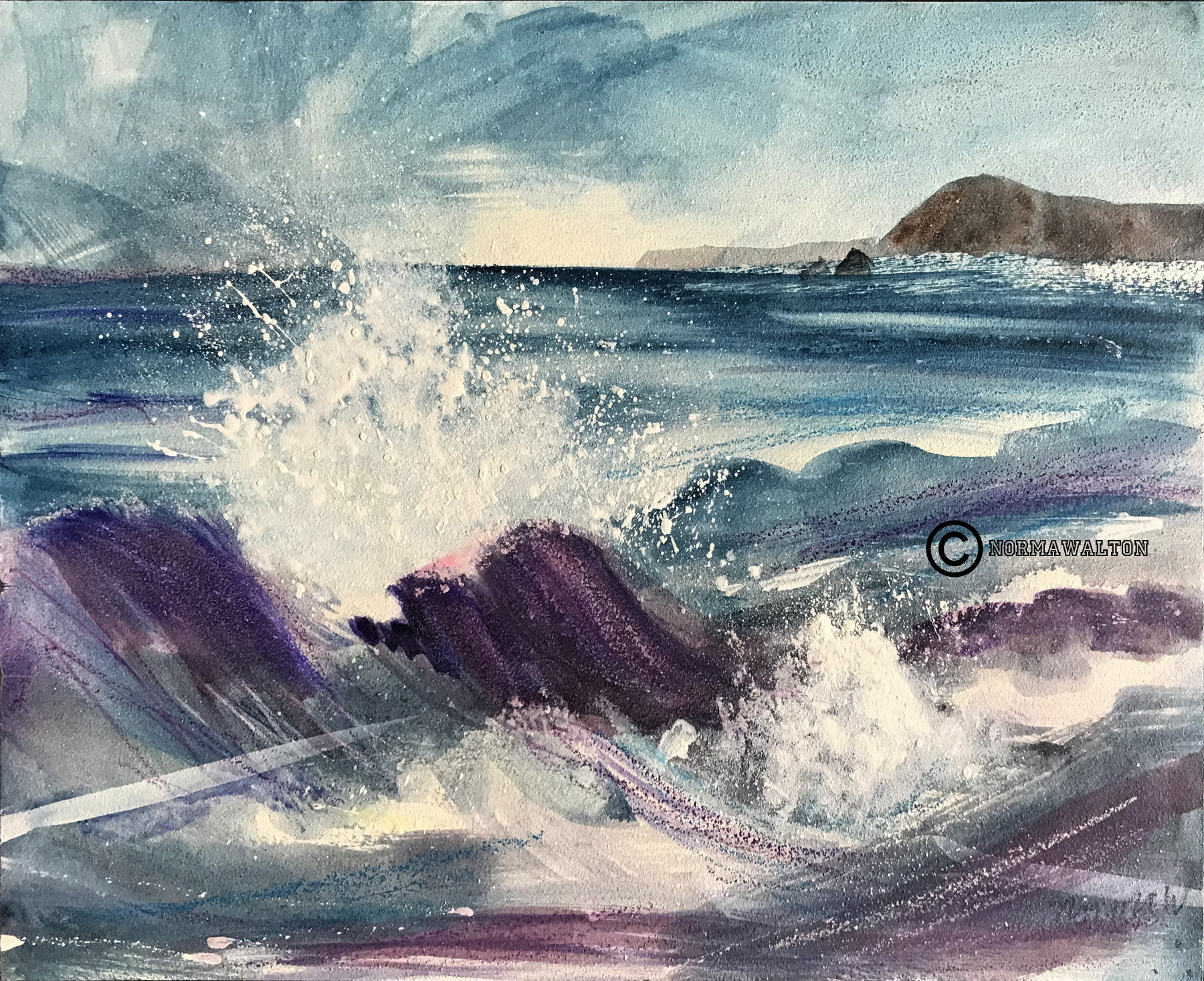 Sidmouth Purple Waves mounted on board and wax finished 10x8in