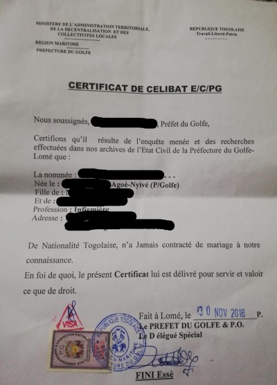 Französische Ledigkeitsbescheinigung certificat de celibat