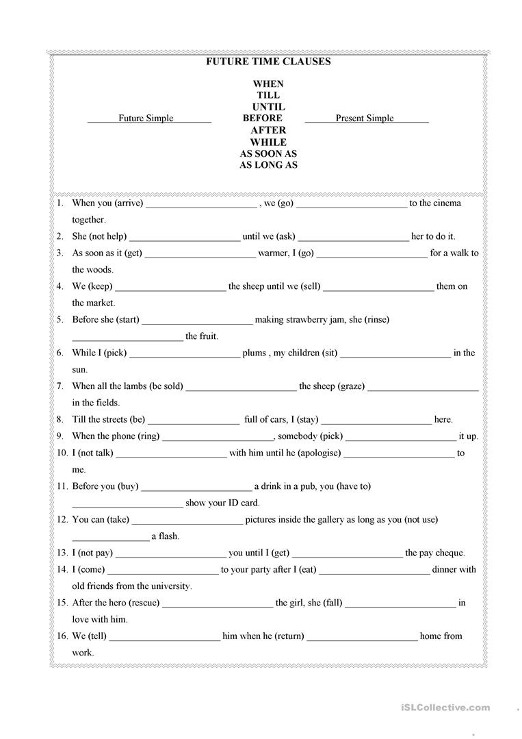 As like разница. Time clauses в английском языке. Time clauses worksheets. Conditional 1 в английском worksheets. As adjective as правило.