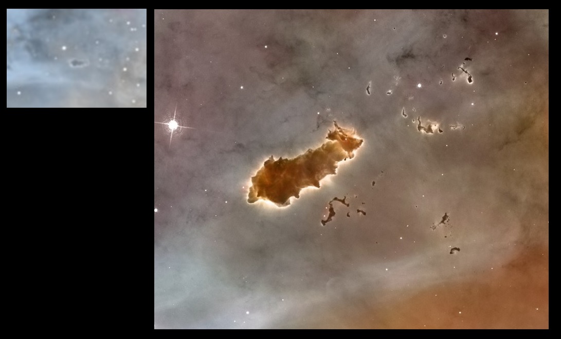 la nébuleuse de la "chenille", comparaison avec le télescope spatial Hubble