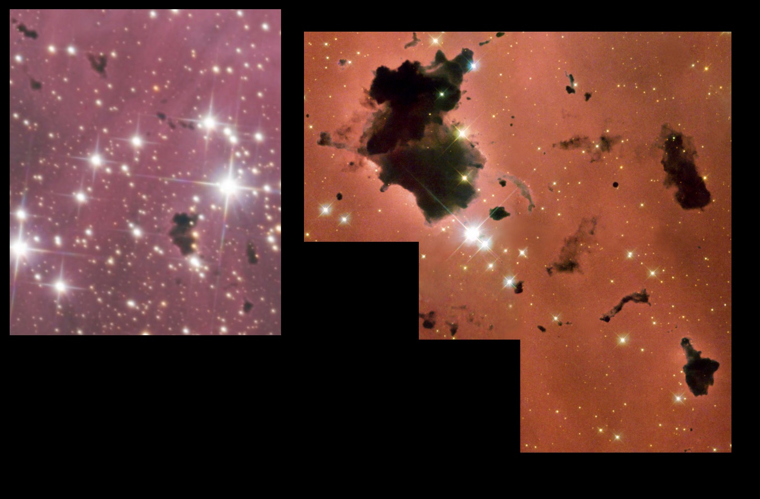 gros plan sur les globules de Thackeray, comparaison avec une image prise par le télescope spatial Hubble.