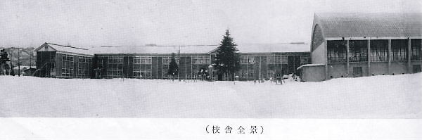 1963.02月撮影の新井中学校：この敷地は、現在の新井小学校です。ヒマラヤ杉の奥が「職員玄関」。