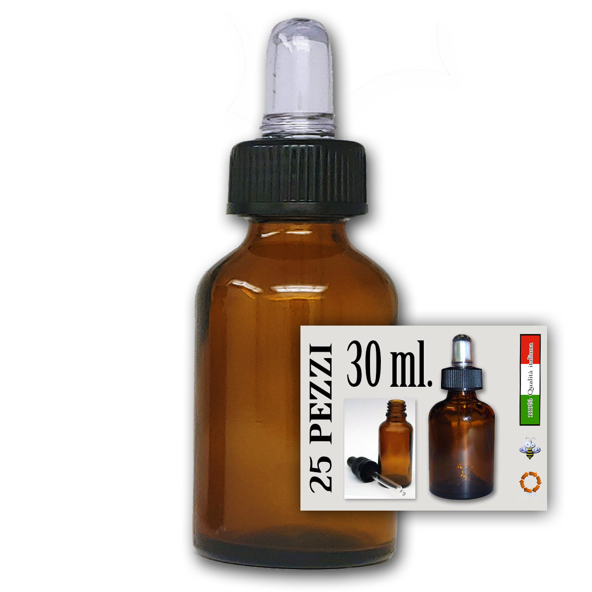 Bottigliette in vetro ambrato da 30 ml. con contagocce per propoli,  profumi, soluzioni alcoliche etc. - Agraria Ughetto Apicoltura Online.