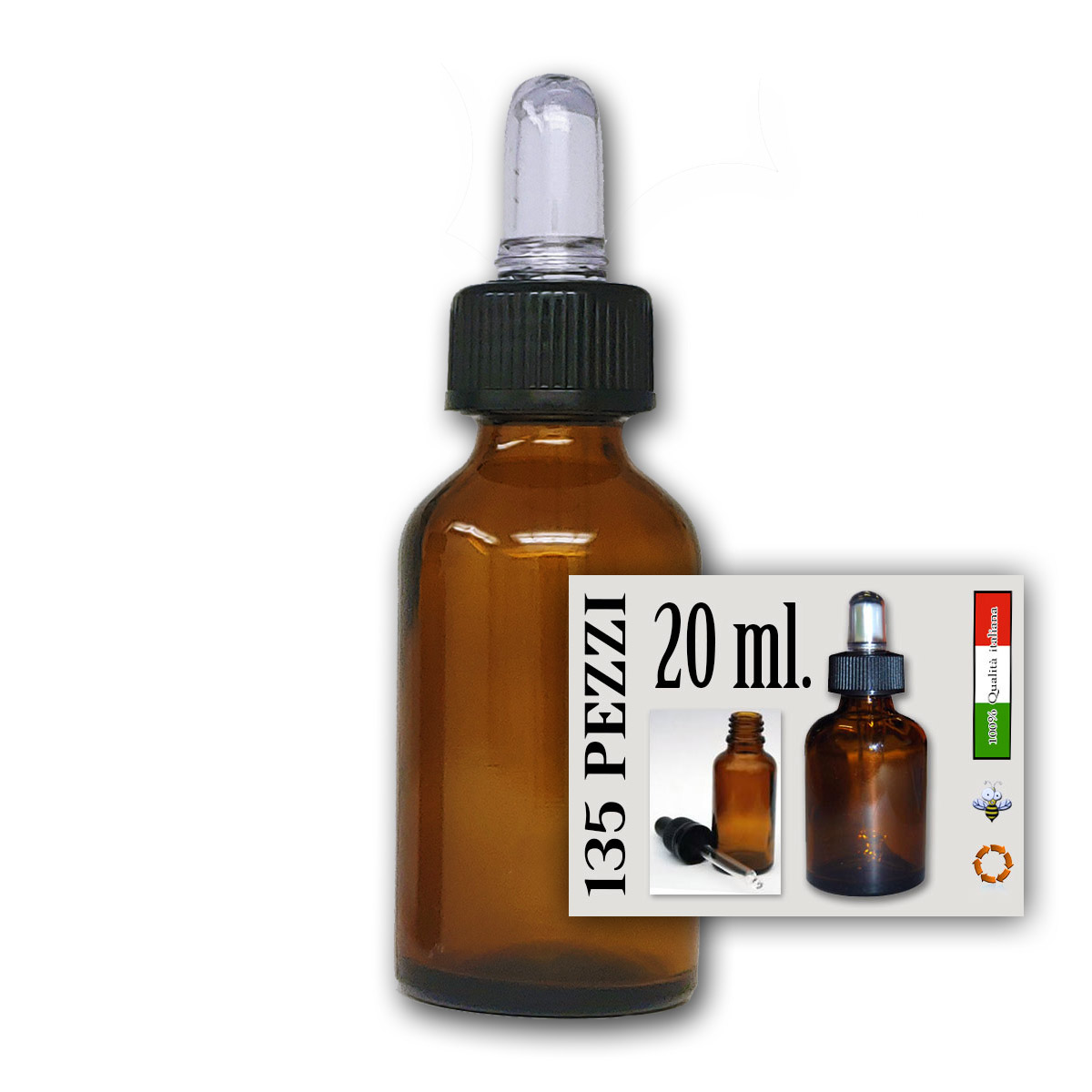 Bottigliette in vetro ambrato da 20 ml. con contagocce per propoli,  profumi, soluzioni alcoliche etc. - Agraria Ughetto Apicoltura Online.