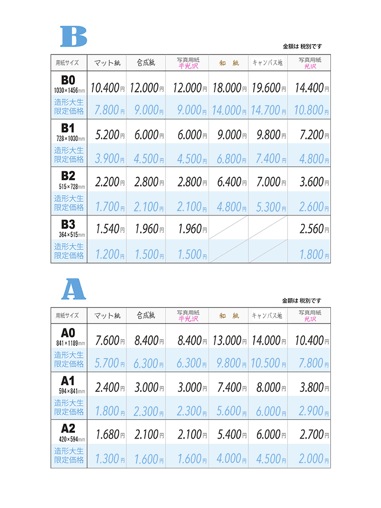 セキグチカメラ / 大判印刷 / 価格表 / Bサイズ