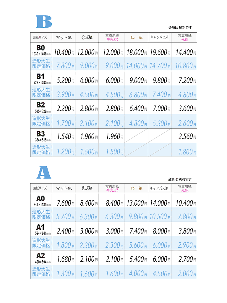 セキグチカメラ / 大判印刷 / 価格表 / Bサイズ　