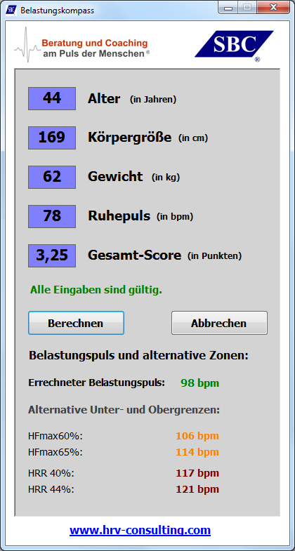SBC Belastungskompass Programm-Oberfläche mit Daten