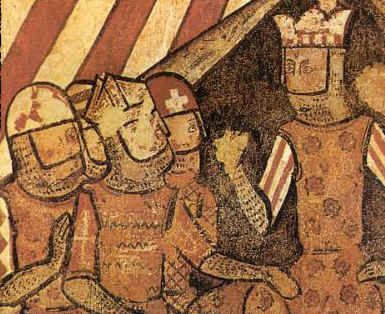Pintures murals del palau Berenguer Aguilar de Barcelona que representen el campament de Jaume I durant el setge de la ciutat de Mallorca. S'hi observa el rei parlant amb dos cavallers consellers seus i amb el bisbe de Barcelona.