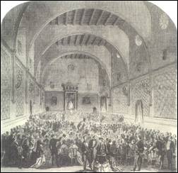 Gravat que representa el Saló de Cent de l'Ajuntament de Barcelona durant l'acte de cloenda dels Jocs Florals de 1868.