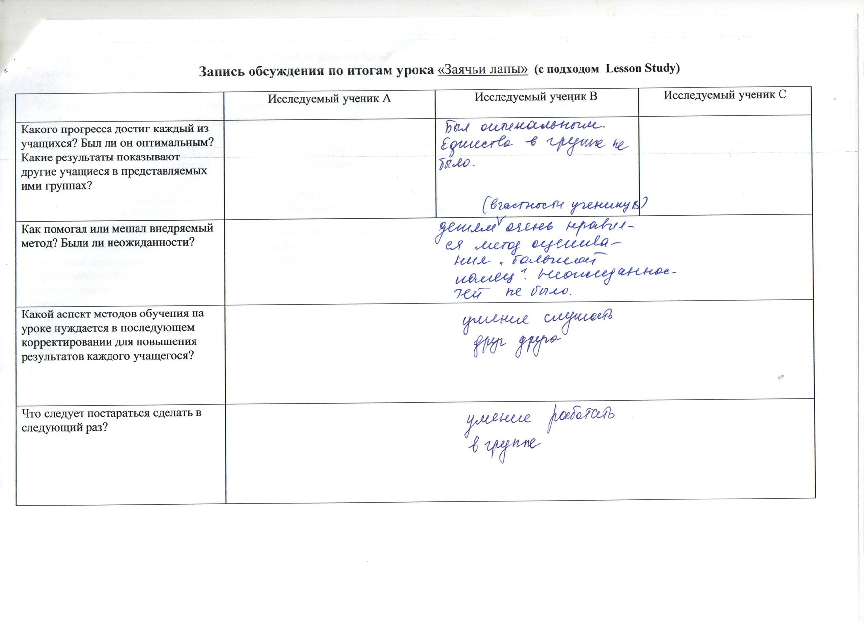 Лист наблюдения урока по обновленке казахстан