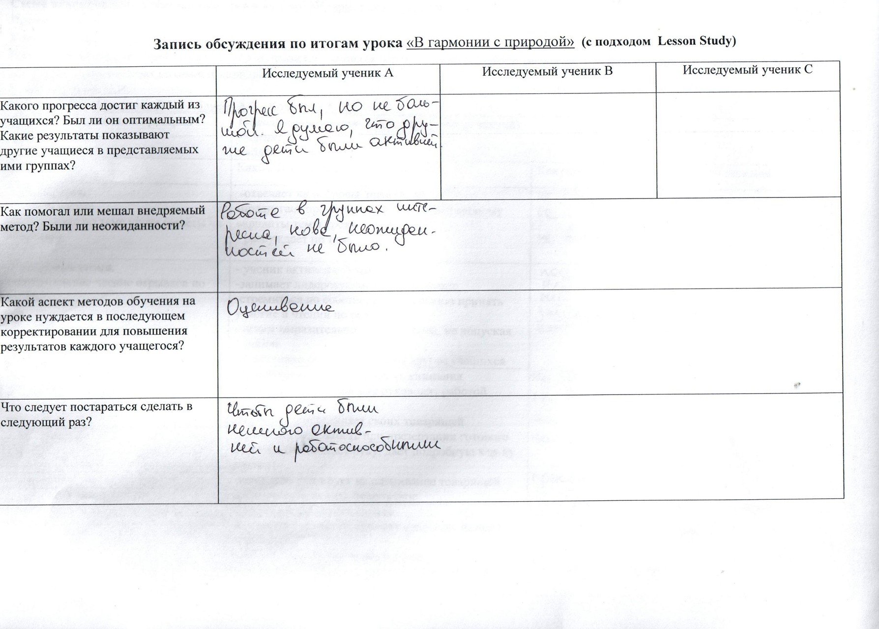 Лист наблюдения урока по обновленке казахстан