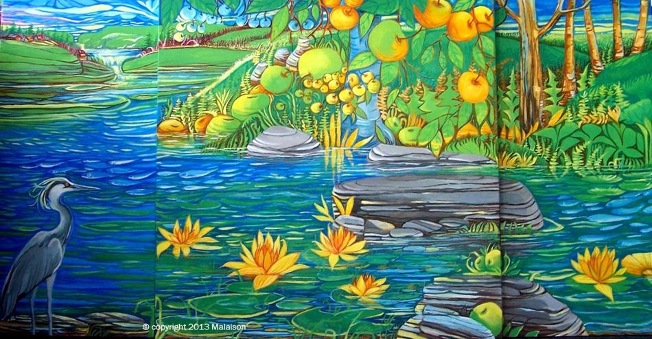 #176 HÉRON ET NÉNUPHARS huile  30 x 60 pouces 