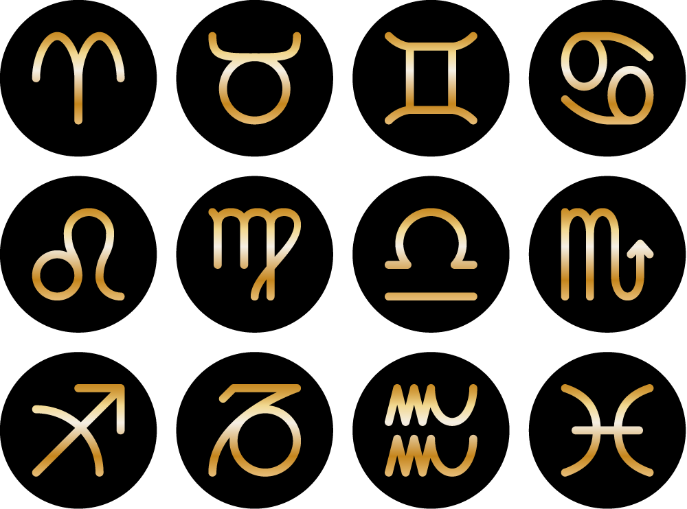 Symbole von Tomas Kalpa der 12 Sternzeichen Widder, Stier, Zwillinge, Krebs, Löwe, Jungfrau, Waage, Skorpion, Schütze, Steinbock, Wassermann und Fische