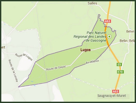 Carte de localisation de la petite commune de Lugos, Gironde