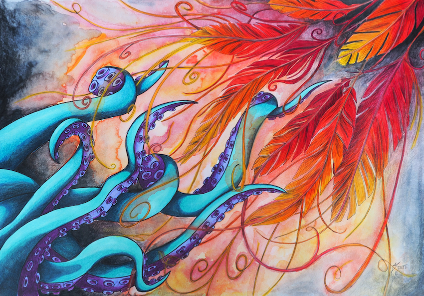 Illustration of a red phoenix and blue tentacles, drawn with marker, coloured pencils, and watercolour