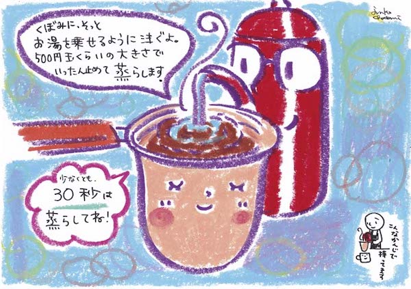 ネルドリップ第１湯目。　コーヒーイラスト　茶谷順子