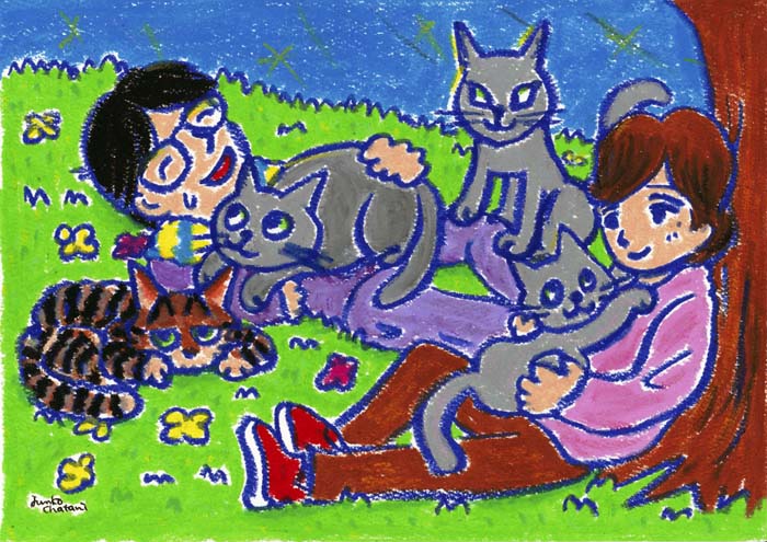 飼い猫４匹と草原で過ごす夫婦のオーダーメイドイラスト　　茶谷順子作