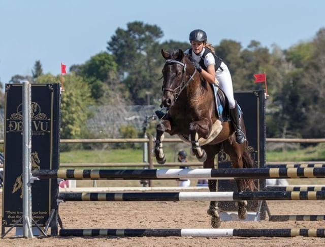 Auf dem Bild ist Amy mit ihrem Pferd Rainmaker in ihrer ersten 80cm Klasse zu sehen. Auf Instagram sind sie unter @two_golden_ponys zu finden