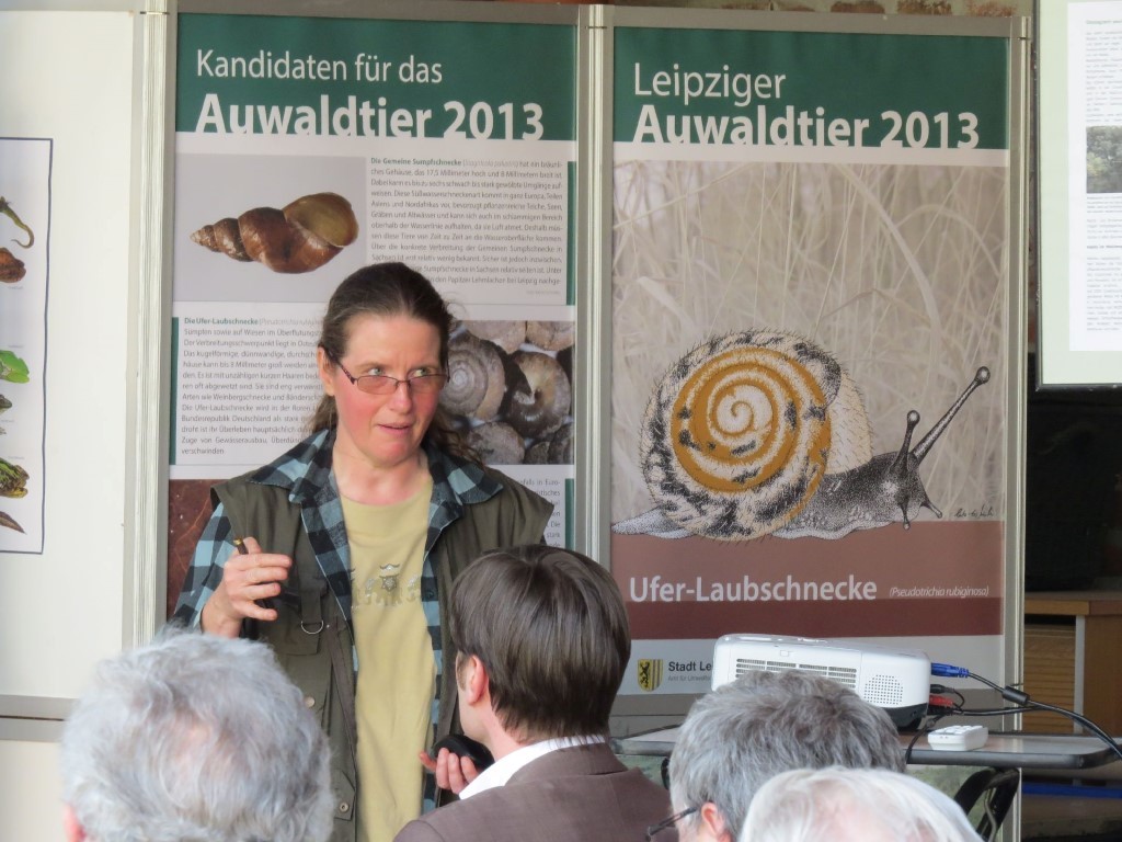 Die Weichtierexpertin Katrin Schniebs (Museum für Tierkunde Dresden) stellte die Ufer-Laubschnecke und weitere Weichtiere der Leipziger Auenlandschaft näher vor. Foto: Karsten Peterlein