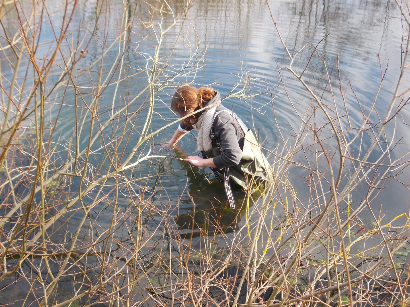 Um auch die Messgeräte für das Oberflächenwasser auszulesen, ist zum Teil echter Körpereinsatz gefragt, beispielsweise ein kurzes Bad bei sonnigem Winterwetter.