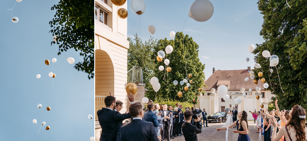 Ein Weitwinkel-Foto fängt den Moment ein, in dem der GT vor der imposanten Fassade der Orangerie Altenburg zum Stehen kommt.
