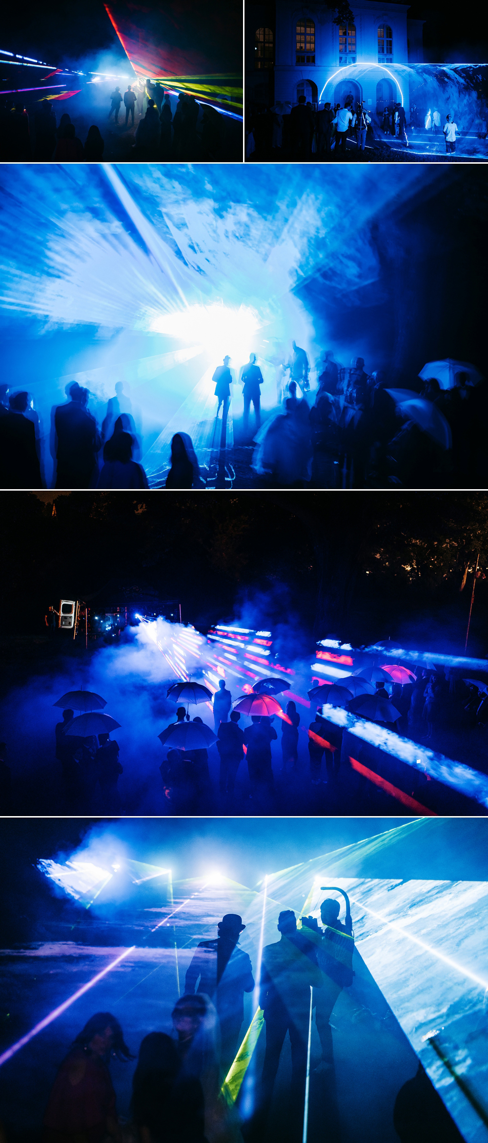 Eine spektakuläre Lasershow erhellt den nächtlichen Himmel über dem Teehaus Altenburg zum Abschluss der Hochzeit.