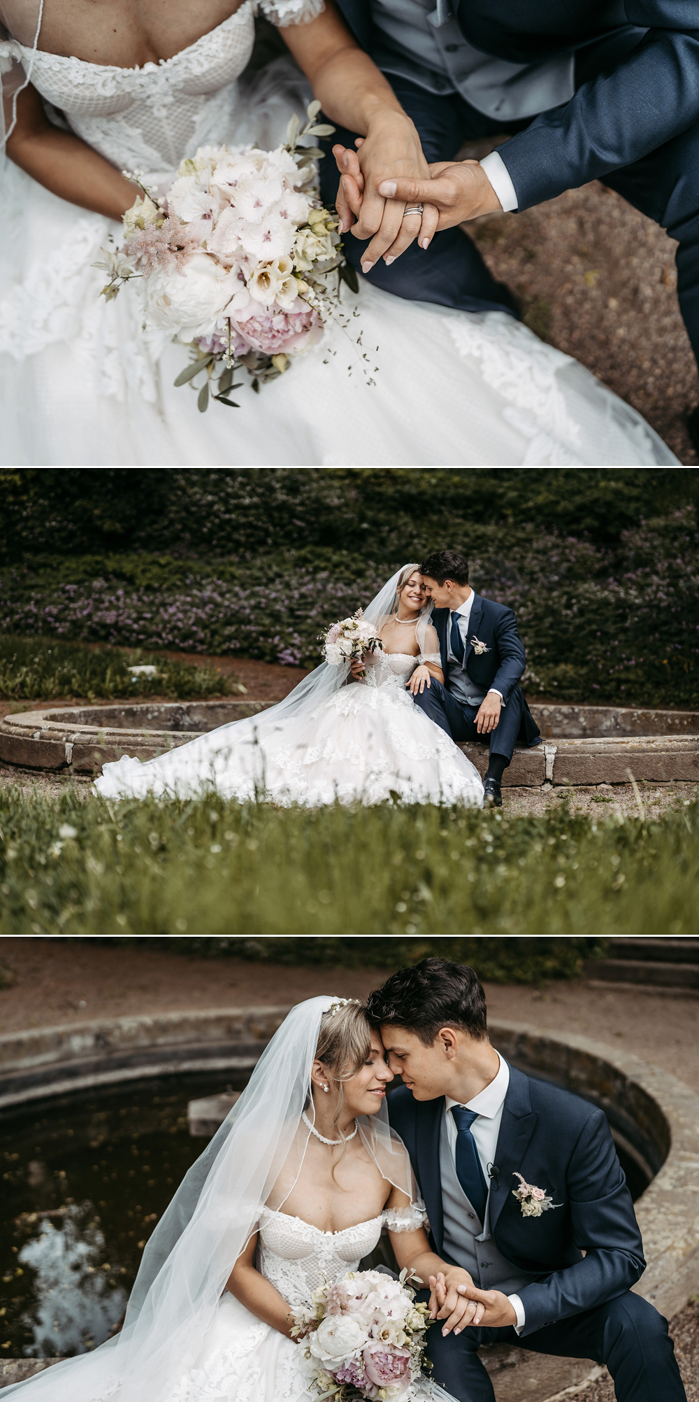 Die Braut präsentiert ihr wunderschönes Hochzeitskleid bei einem Portrait-Shooting im natürlichen Licht des Stadtparks.