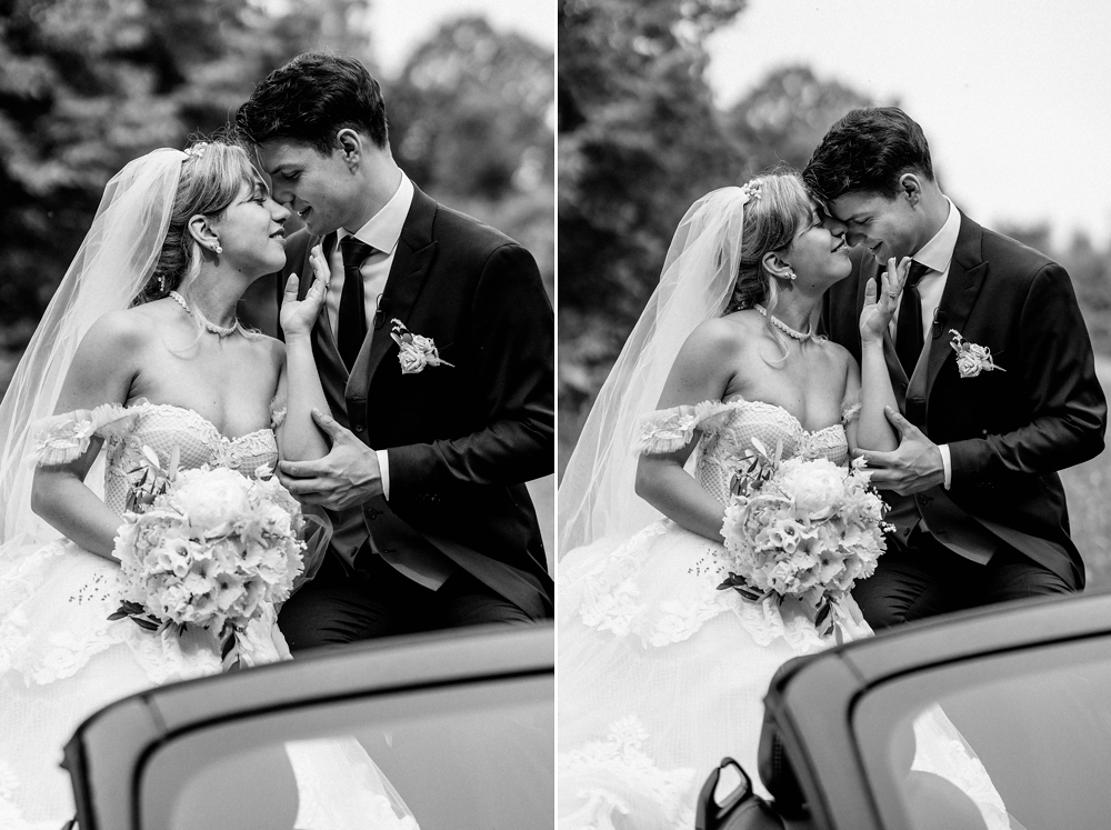 Die Braut Amely lässt ihr Hochzeitskleid im Stadtgarten schwingen, was für eine dynamische Aufnahme sorgt.