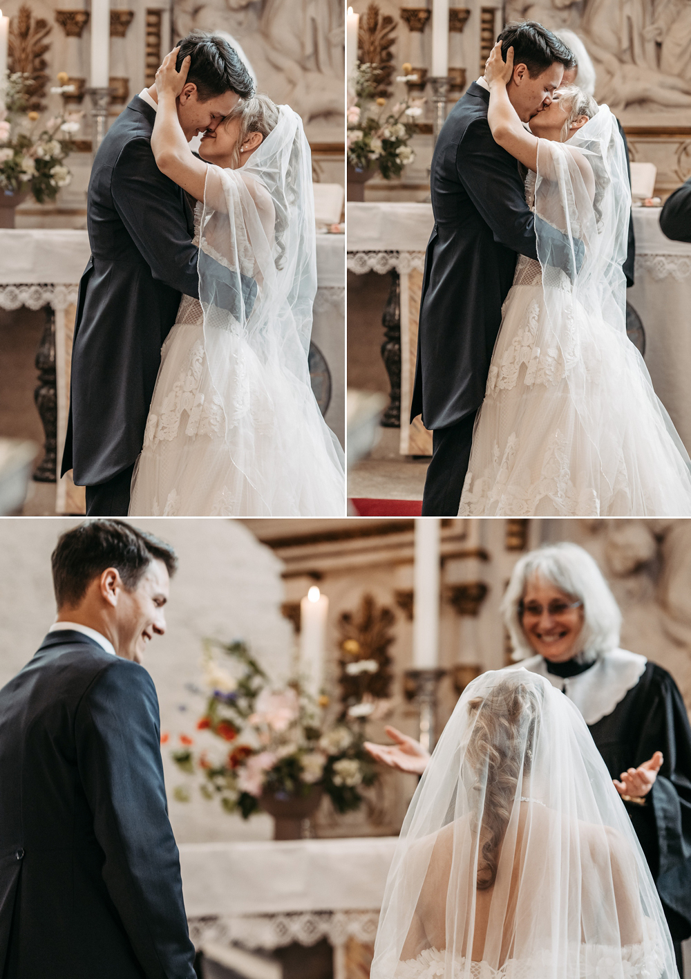 Amely und Fabian ziehen strahlend als Ehepaar aus der St. Christophori Kirche aus.